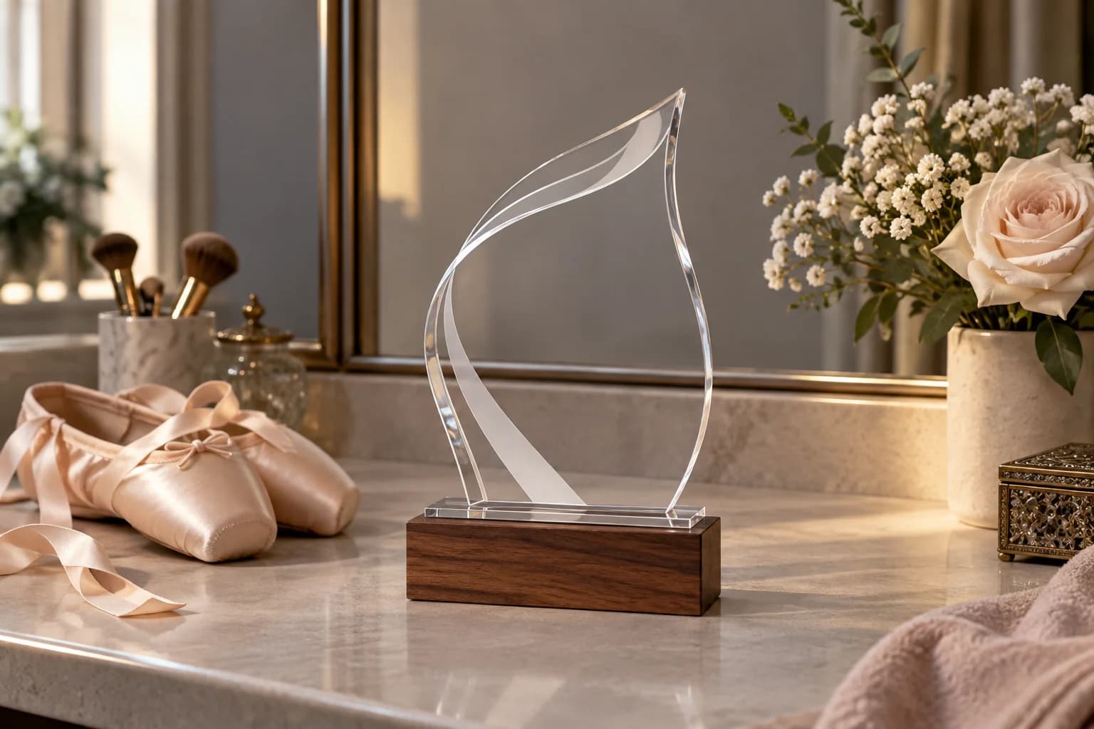 Ribbon-shaped acrylic dance award on a wood base beside ballet slippers