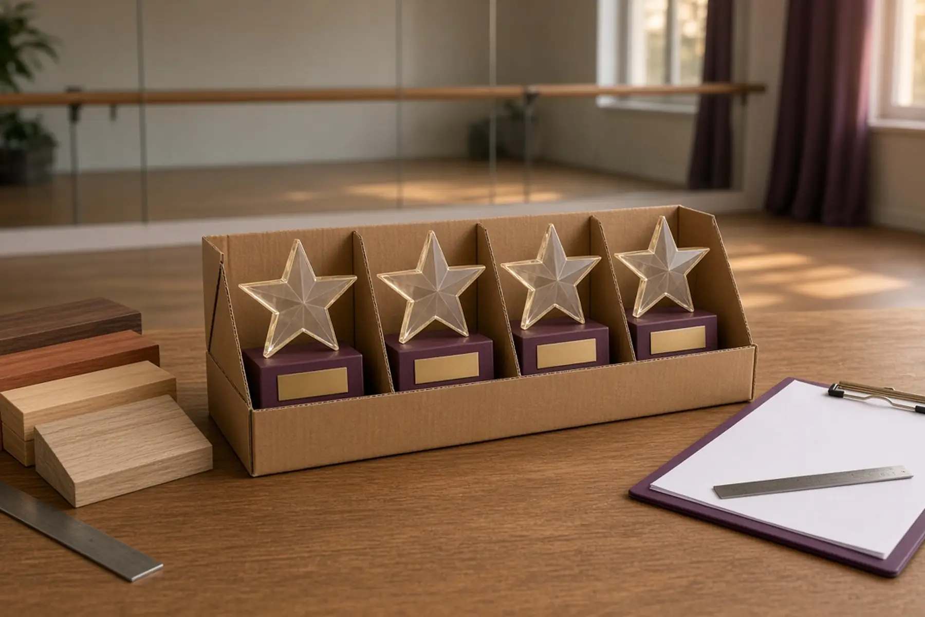 Coordinated order concept: matching Star Acrylic Dance Award pieces grouped and separated for packing