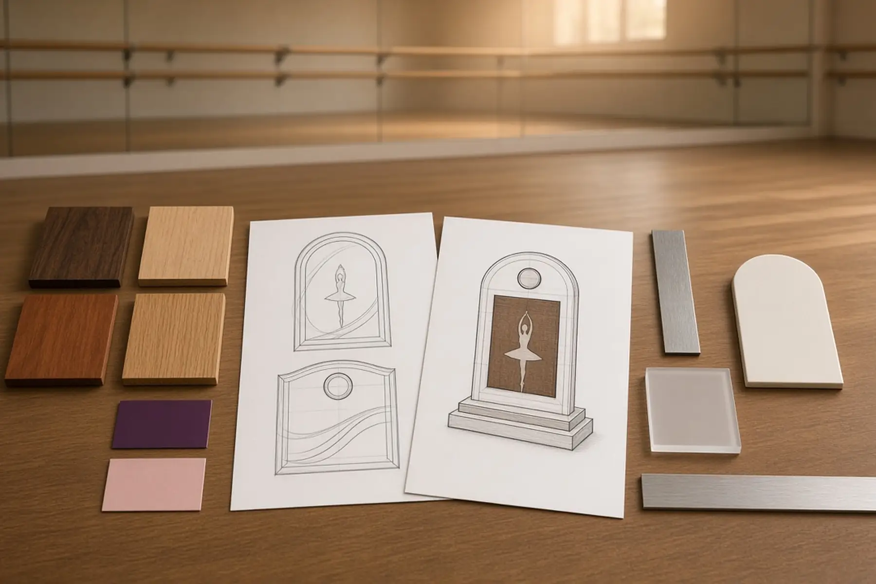 Design planning concept for a Recital Award: sketches, material swatches and a blank sample shape