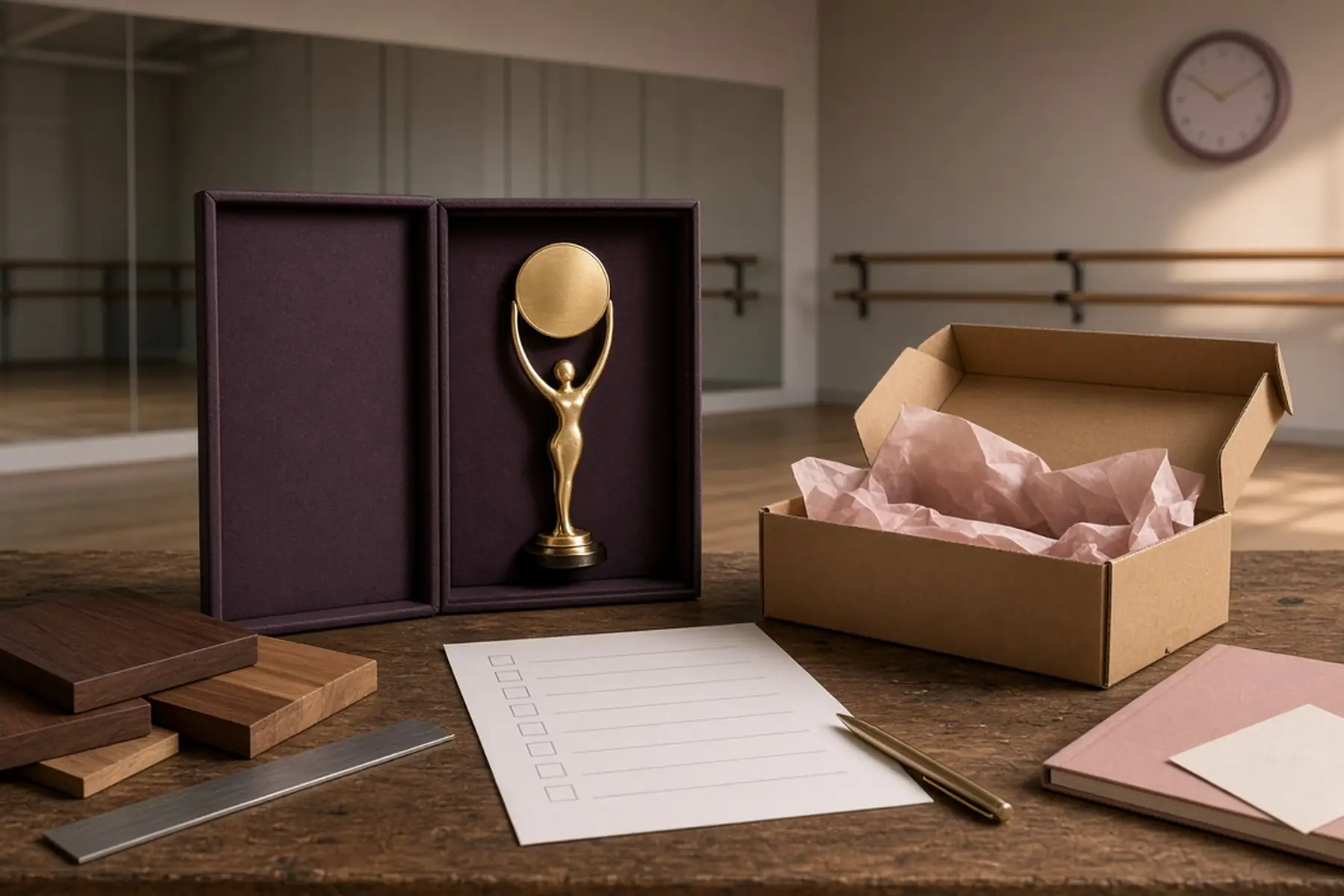 Rush planning concept: a Dance Competition Trophy, carton and checklist arranged around an arrival date
