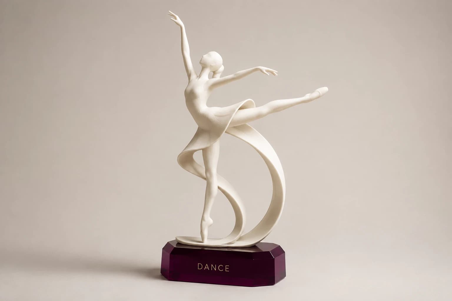 Ivory dancer sculpture trophy with a supporting ribbon and plum base.