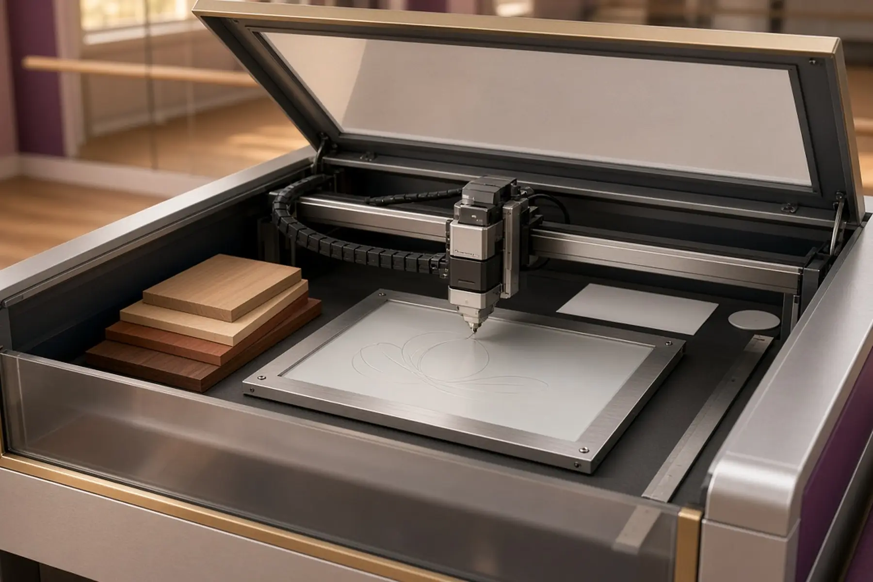 Engraving concept: a blank plate for a Recital Award inside an enclosed marking machine